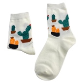 个性 春夏款 卡通纯棉白色仙人掌时尚 女士中筒植物花卉秋季