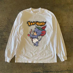 漫越美~品牌折扣港风日系重磅不透纯棉长袖t恤男女宽松百搭上衣服