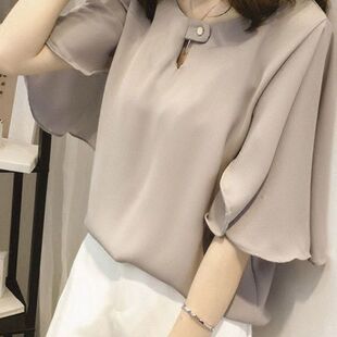 夏季上衣2025大码女装圆领粉红色短袖雪纺衫高尚优雅女装海云物志