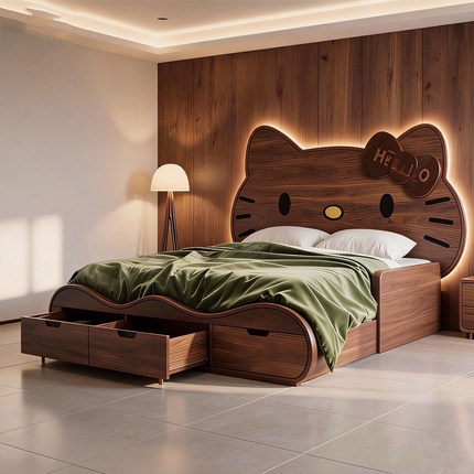 Hello Kitty实木床现代简约双人床1.8米高箱储物儿童床