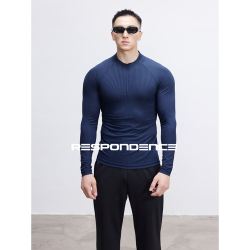 RESPONDENCE 坑条半拉链健身紧身衣长袖T恤运动训练上衣速干衣