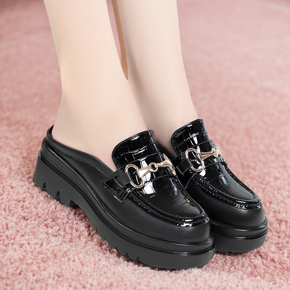 厚底真皮懒人半拖鞋松糕鞋