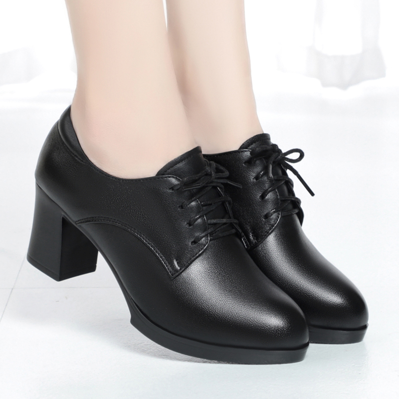 真皮系带粗跟单鞋女鞋