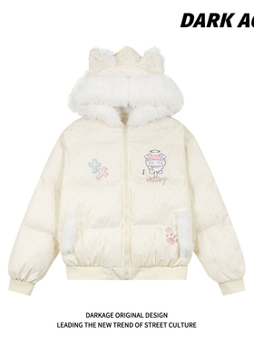 DARKAGE原创满印波点毛领立耳连帽棉服外套女冬季保暖宽松面包服