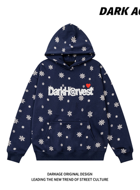 DARKAGE原创美式复古雪花满印春季连帽卫衣男女情侣装设计感外套