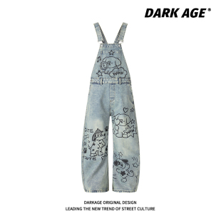 子 水洗做旧宽松阔腿长裤 DARKAGE原创美式 复古卡通小狗牛仔背带裤