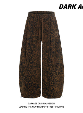 DARKAGE原创美式复古豹纹刺绣加绒弯刀休闲裤女宽松爵士舞阔腿裤