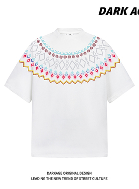 DARKAGE原创美式复古费尔岛印花短袖T恤男女夏季情侣圆领宽松上衣