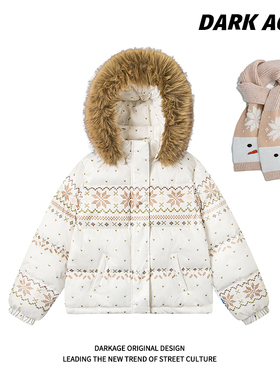 DARKAGE原创设计费尔岛雪花可拆卸连帽毛领棉服女冬情侣棉衣外套
