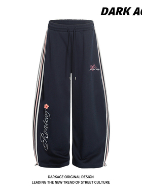 DARKAGE原创美式花朵刺绣三条杠弯刀休闲裤男女宽松阔腿拖地卫裤