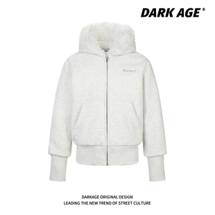 DARKAGE原创美式cleanfit毛领加绒短款连帽加厚加绒卫衣外套男女
