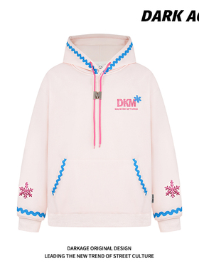 DARKAGE原创美式贝壳绣加绒连帽卫衣男女春季新款情侣款宽松外套