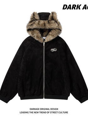 DARKAGE美式复古麂皮绒猫耳朵连帽棉衣男女加绒加厚保暖棉服外套