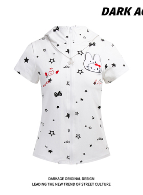 DARKAGE美式复古可爱Kitty猫夏季开衫连帽短袖T恤女甜酷风ins上衣