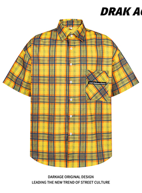 DARKAGE美式格纹黄色格子长袖衬衫男女高街宽松休闲情侣百搭纽扣