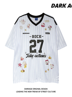 DARKAGE美式复古V领条纹字母印花夏季宽松短袖男女运动休闲T恤