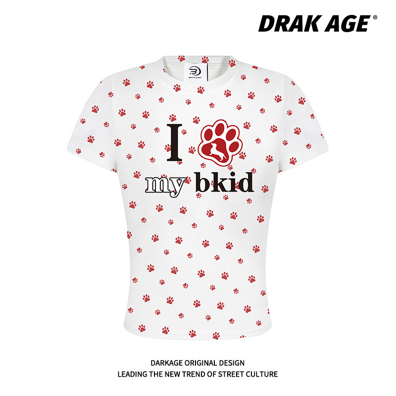 DARKAGE原创美式复古满印狗掌修身短袖T恤女夏季辣妹正肩短款上衣
