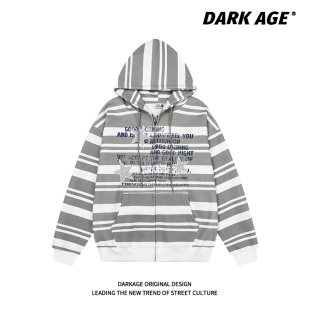 DARKAGE原创美式 卫衣男女宽松情侣拉链外套 复古条纹字母连帽开衫