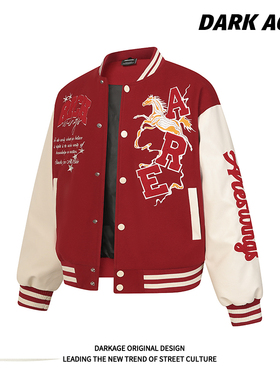 DARKAGE马年2026夹棉加厚毛巾绣红色棒球服男女美式宽松情侣外套