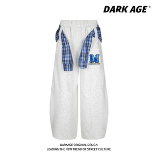 DARKAGE美式 寬松直筒闊腿彎刀長(zhǎng)褲 街頭綁帶可拆卸格子拼接休閑褲