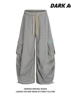 DARKAGE原创美式复古格纹弯刀工装休闲裤宽松bf慵懒风褶皱阔腿裤
