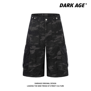 宽松阔腿短裤 DARKAGE原创美式 男女夏季 七分裤 复古多口袋迷彩工装