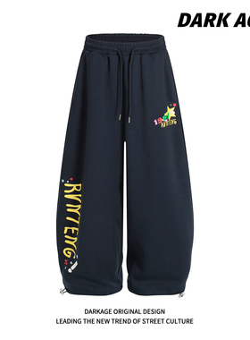 DARKAGE原创美式字母蓝色运动卫裤女宽松垂感显瘦跳舞阔腿休闲裤