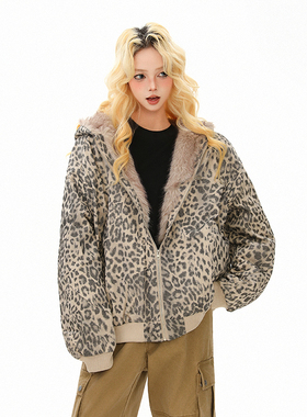 DARKAGE原创美式潮牌豹纹棉服女冬季座山雕毛领连帽保暖棉衣外套