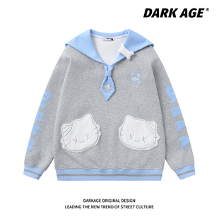 春秋季 DARKAGE原创可爱贴布绣海军领猫咪卫衣女款 撞色甜美上衣