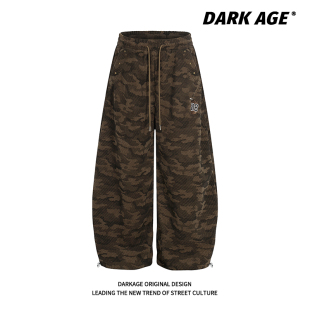 女宽松直筒bf慵懒风长裤 DARKAGE原创美式 复古铆钉迷彩弯刀休闲裤