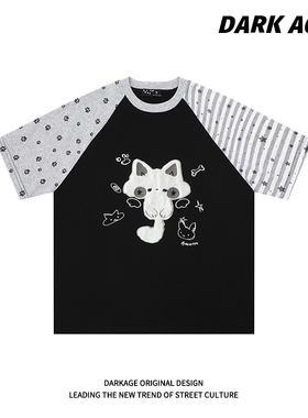 DARKAGE原创美式复古猫咪刺绣短袖T恤男女夏季撞色拼接插肩袖上衣