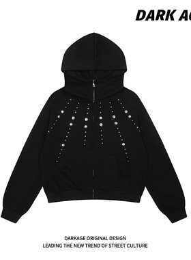 DARKAGE原创美式复古铆钉设计连帽卫衣男女春季宽松百搭拉链外套