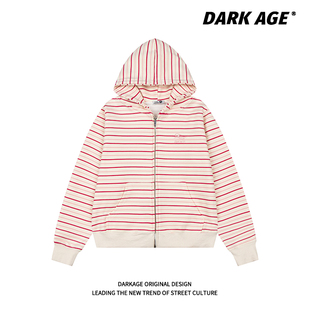 外套帽衫 开衫 加绒针织衫 DARKAGE原创韩系甜酷风条纹连帽卫衣春季