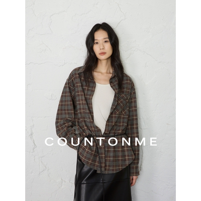 COUNTONME 复古栗棕/2025秋冬加厚绒感慵懒风格纹休闲长袖衬衫