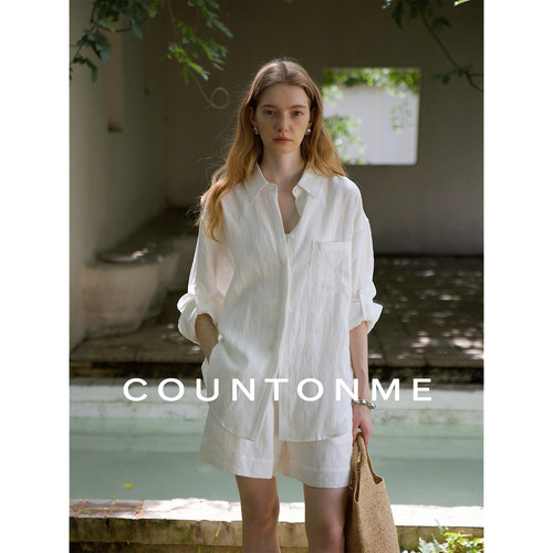COUNTONME 松弛夏日/慵懒随性风全亚麻廓形衬衫/短裤套装