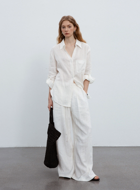 COUNTONME 松弛自在 极简棉麻阔腿裤夏季 松紧抽绳百搭休闲长裤女