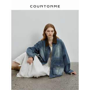 COUNTONME 复古巴恩风水洗多口袋 撞色翻领宽松中长款牛仔外套