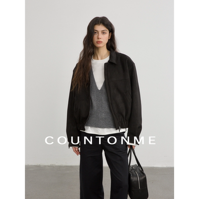 COUNTONME vintage复古做旧麂皮绒短款夹克女春季老钱宽松外套