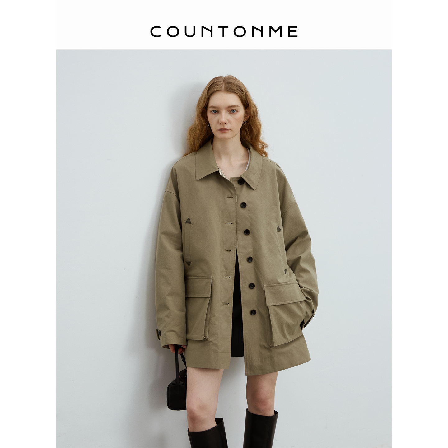 COUNTONME 率性自如/棉麻混纺巴恩风格纹廓形松弛翻领风衣
