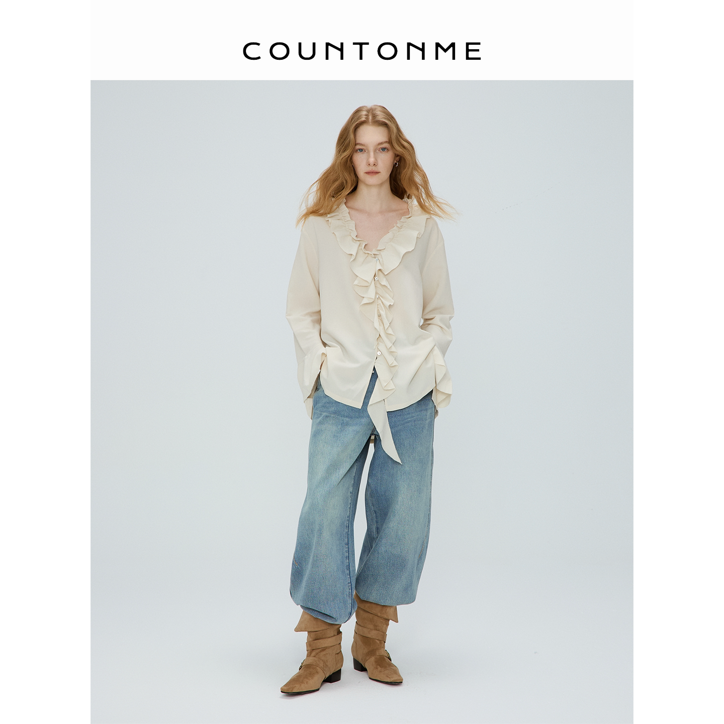 COUNTONME/ 法式浪漫 柔滑垂坠面料荷叶边V领喇叭袖慵懒长袖衬衫