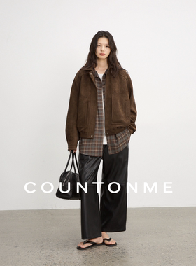 COUNTONME  质感重工/复古老钱柔雾感环保麂皮翻领夹克女短款外套