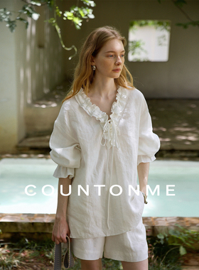 COUNTONME 法式浪漫/慵懒自在100%亚麻手工木耳边V领绑带衬衫
