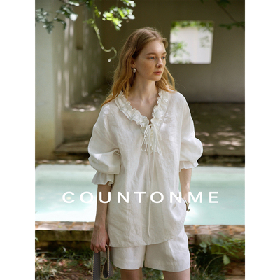 COUNTONME 法式浪漫/慵懒自在100%亚麻手工木耳边V领绑带衬衫