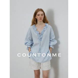 COUNTONME 松弛慵懒/法式浪漫100%亚麻手工木耳边V领绑带衬衫女