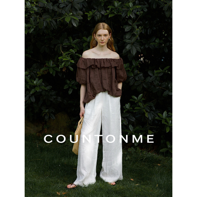 COUNTONME 南法假日/度假风苎麻一字肩荷叶边显瘦花苞短袖上衣