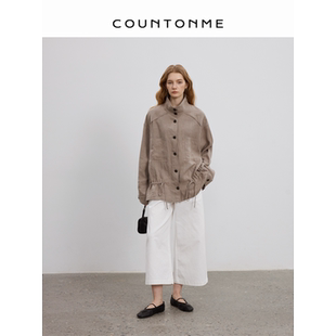 COUNTONME 复古松弛/100%汉麻慵懒舒适立领抽绳设计宽松衬衫外套