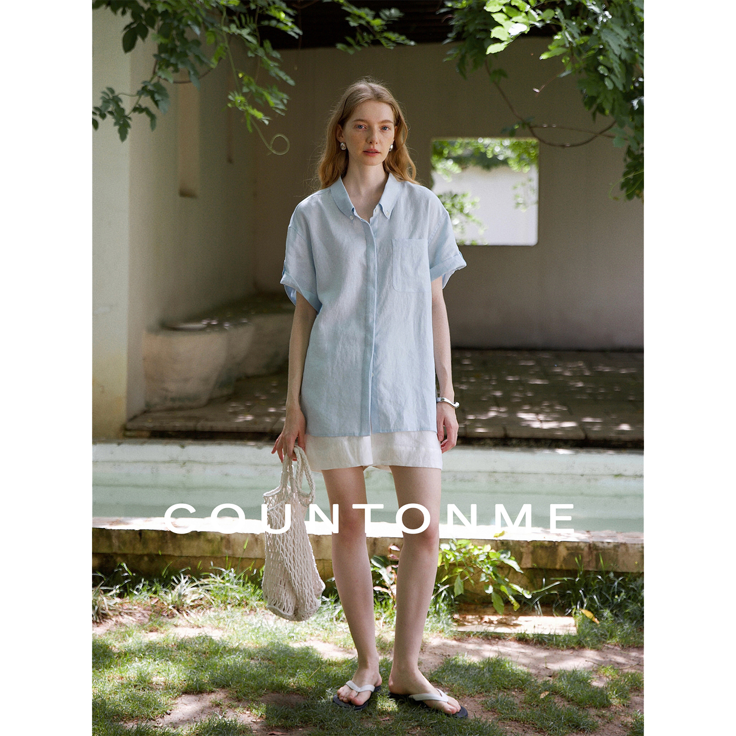 COUNTONME 松弛夏日/慵懒随性风全亚麻廓形短袖衬衫女百搭衬衣