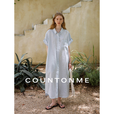 COUNTONME 长期主义/慵懒随性纸片人廓形全亚麻短袖衬衫连衣裙