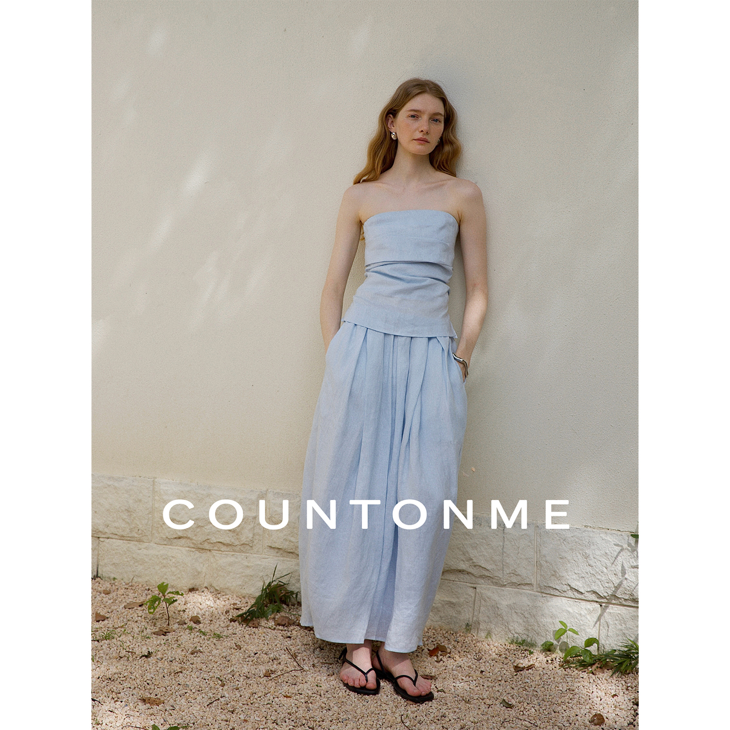 COUNTONME 法式浪漫全亚麻褶皱设计抹胸上衣女/花苞裙半身裙套装