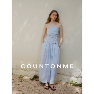 花苞裙半身裙套装 浪漫全亚麻褶皱设计抹胸上衣女 法式 COUNTONME